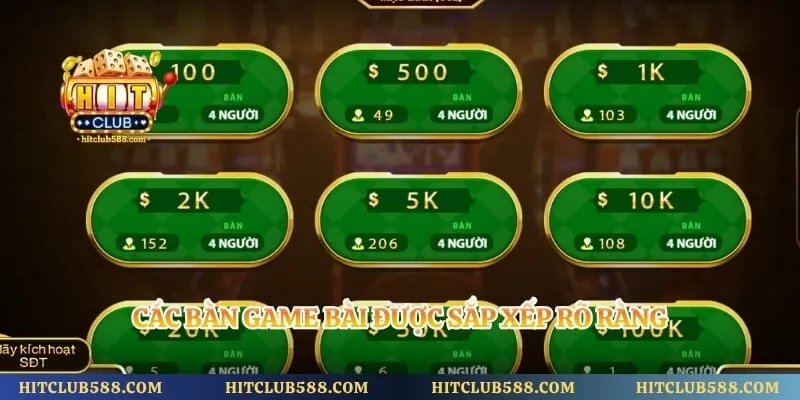 Các bàn game bài được sắp xếp rõ ràng
