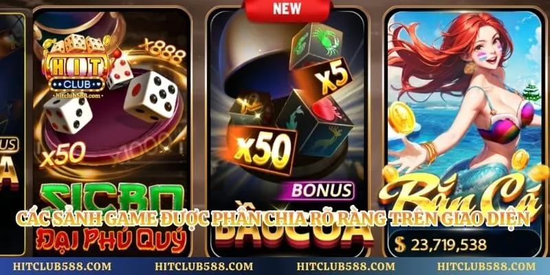 Các sảnh game được phân chia rõ ràng trên giao diện cổng game